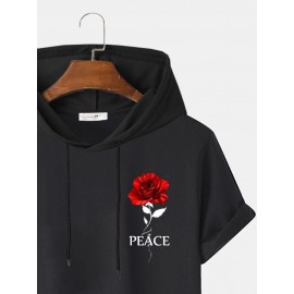 Mens Peace Rose Print Short Sleeve Drawstring Hooded T-Shirts