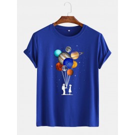 Mens Cotton Astronaut Colorful Planet Print O-Neck Casual Short Sleeve T-Shirts