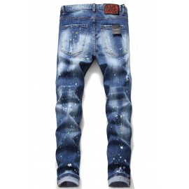 Men's Badge Pattern Patchwork Paint Splash Slim-fit Jeans