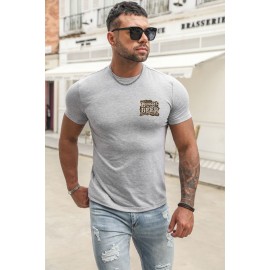Gray Men's Crew Neck T-shirt with Leopard Letters Print