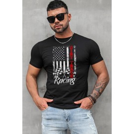 Black Racing Dirt Track Flag Graphic Print Slim Fit Men's T Shirt