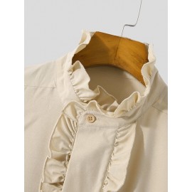 Mens Puff Sleeve Ruffle Neck Button Shirt