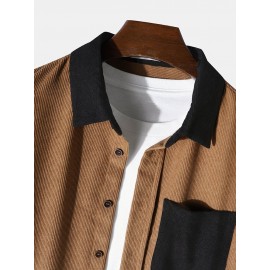 Mens Corduroy Contrast Collar Button Up Long Sleeve Shirts