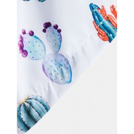 Mens All Over Cactus Pattern Lapel Short Sleeve White Shirt