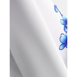 Mens Chinese Style Porcelain Floral Printed Short Sleeve Turn Down Collar Casual Shirt